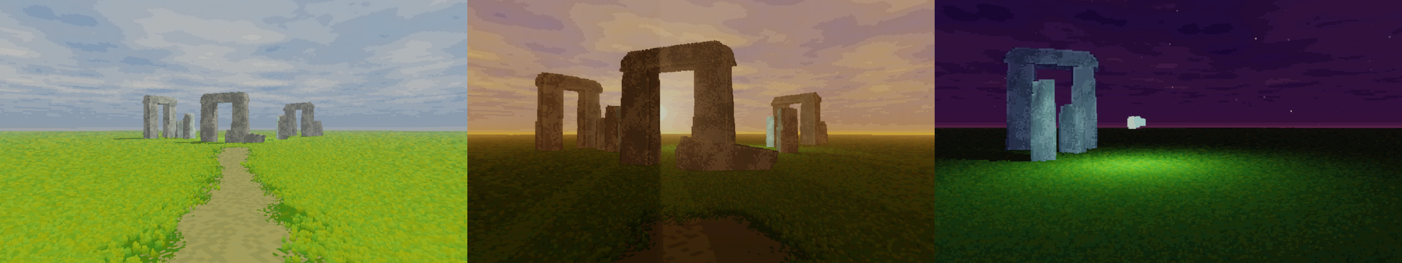 Three views of a stone circle rendered with texel splatting